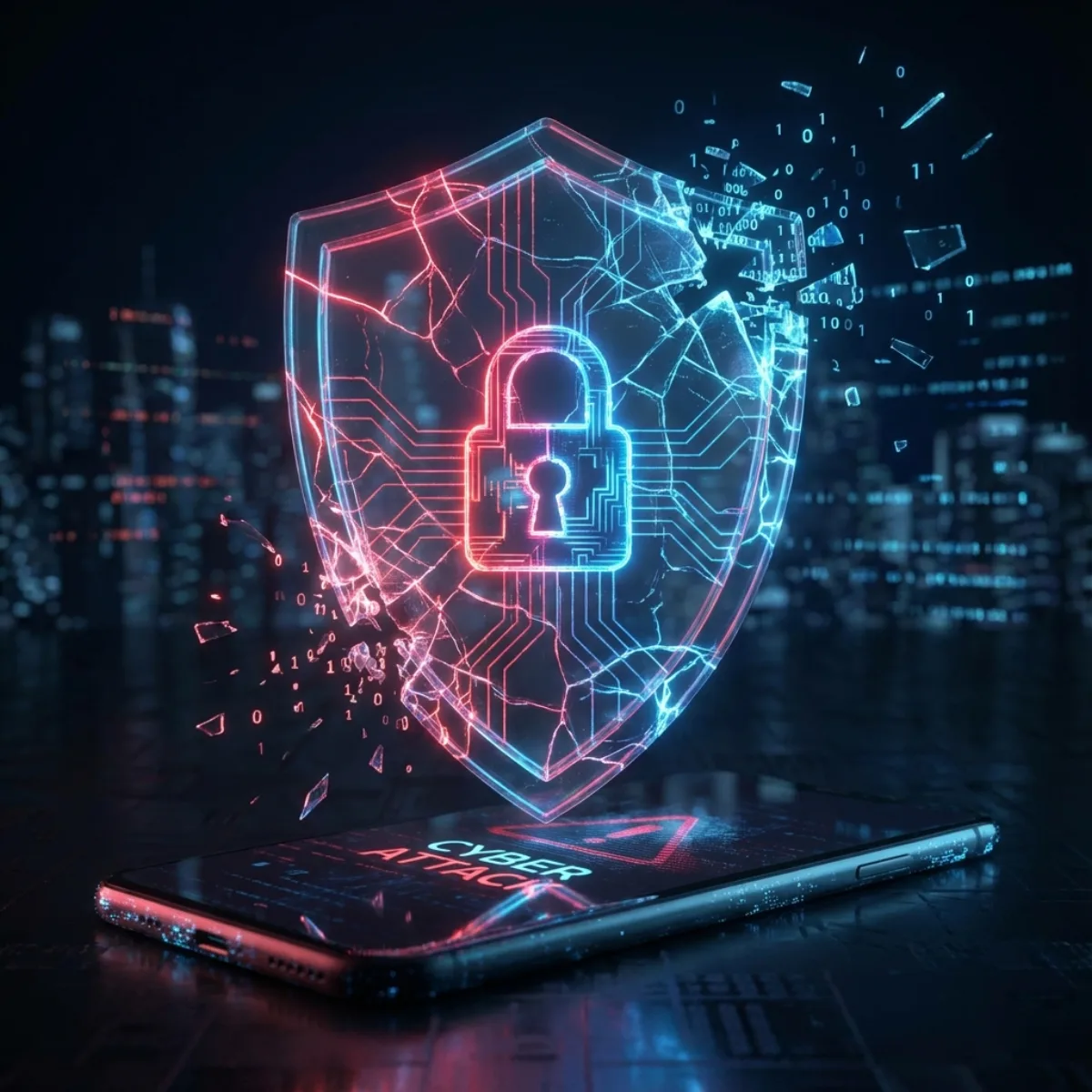 Aufgebrochenes Neon-Schloss und Schild über einem Smartphone mit Cyberangriff-Warnung